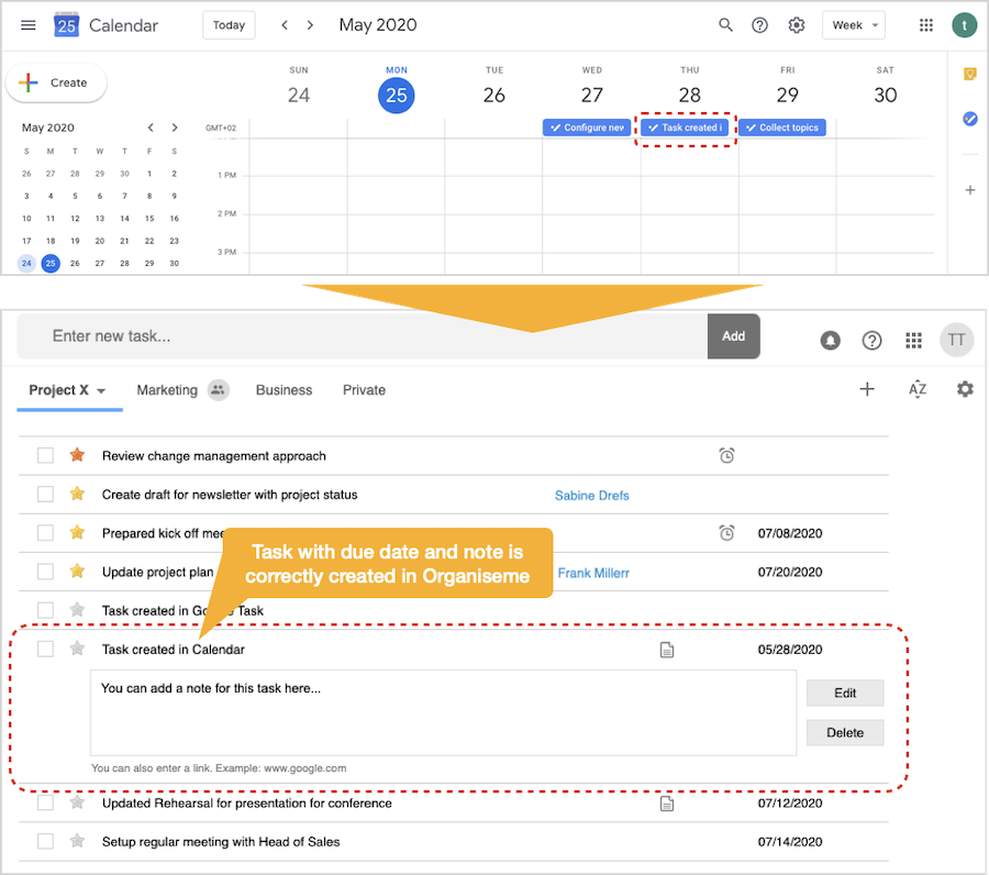 Create task in Google Calendar - automatically synchronized to Organiseme